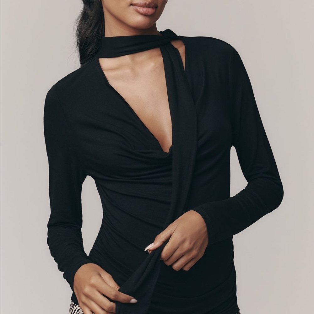 Anthropologie Black Long-Sleeve Tie-Neck Top